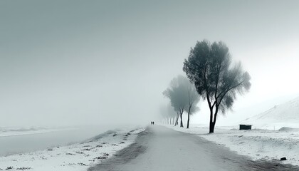 Snowy road through misty winter landscape