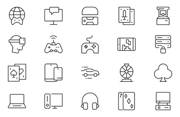 Games line icon set. Gaming icon elements containing points and life bars, console, player, chess, multiplayer, casino and mobile game icons. vector illustration.