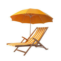 Beach chair with sun umbrella isolated on transparent white background, clipping path, pen tool