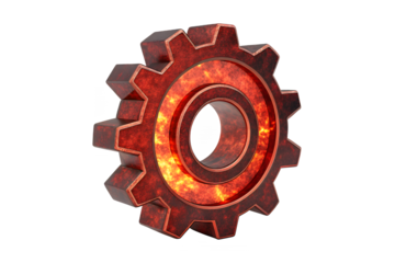 A single 3d gear with a red metallic texture and a fiery orange center against a transparent background