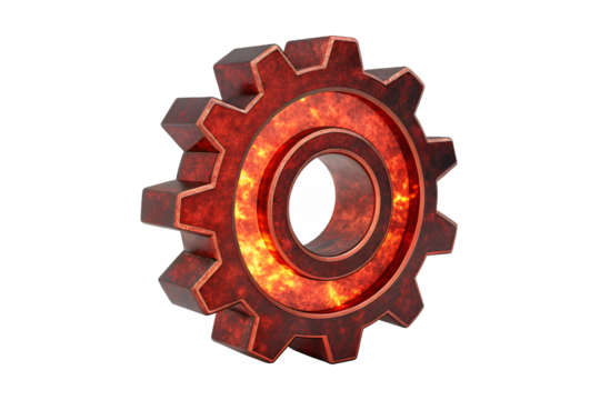 A single 3d gear with a red metallic texture and a fiery orange center against a transparent background
