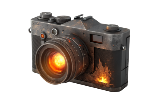A vintage 3d camera with a bright orange lens and flames coming from the bottom right corner of it png on transparent background