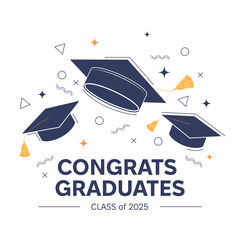 Class of 2025. Congratulations graduates design concept. Graduating cap and 2025 number against white background. Design elements of greeting card, invitation