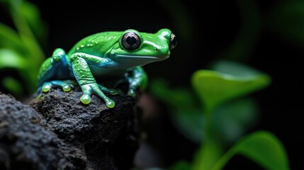 Obraz premium Vibrant green frog perched on dark rock. Close-up, tropical rainforest setting