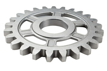 Close up shot of a single silver gear with teeth and center hole isolated in a studio environment png on transparent background