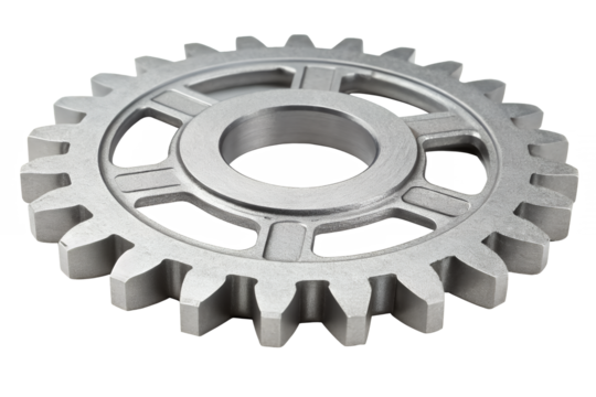 Close up shot of a single silver gear with teeth and center hole isolated in a studio environment png on transparent background