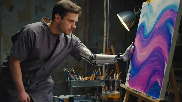 Man with bionic prosthetic arm painting in studio, focused on colorful canvas, showing creativity, control, adaptive technique and inclusion in artistic environment