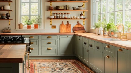 Sage green kitchen with brass hardware, open shelves, wood counters, patterned rug, and natural lighting