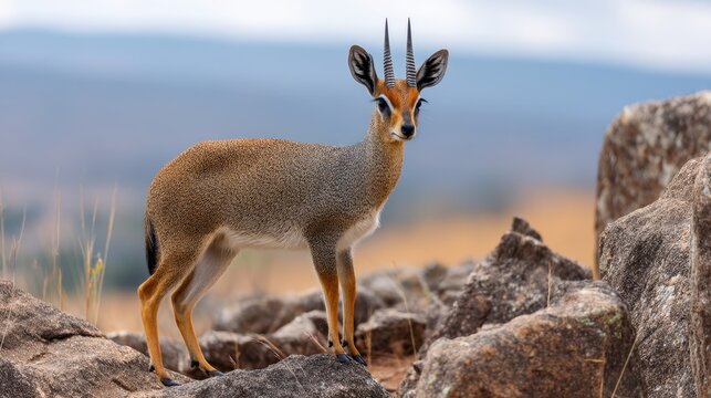 Kirk's Dik-Dik Portrait on Rocky Outcrop, African Wildlife