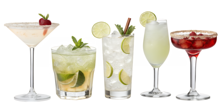 Assorted cocktails in glasses with lime and mint garnish arranged side by side in a studio setting png on transparent background