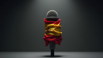 Spain’s bold flag gags a microphone, its stripes straining—a sleek, unsettling vision of suppressed dialogue. Shadows deepen the drama.
