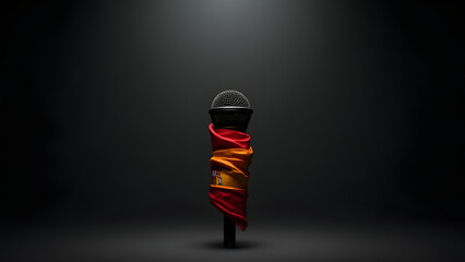 Spain’s bold flag gags a microphone, its stripes straining—a sleek, unsettling vision of suppressed dialogue. Shadows deepen the drama.