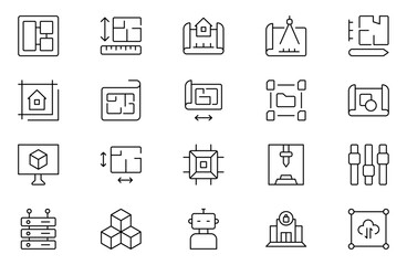 Modeling line icons set. Architectural planning icon collection. Planning, scheme, dimension, project, measurement, floor plan and more.