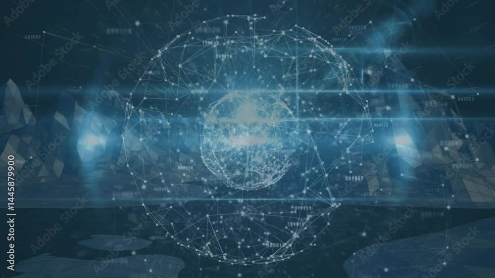 Poster central wireframe data sphere pulsing in dark low-poly virtual space, showing nodes and numbers