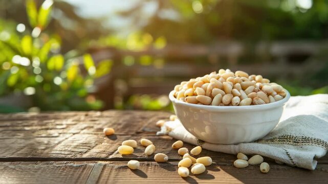 pine nuts coconut in a bowl in a white bowl on a wooden table. Selective focus