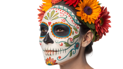 Woman with sugar skull face paint and flower crown for day of the dead celebration portrait view png on transparent background