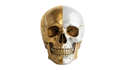 A skull divided in half with gold and silver colors on a transparent background