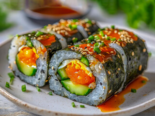 Beautifully presented sushi rolls filled with creamy avocado, crisp cucumber, and fluffy egg, topped with savory teriyaki sauce and sprinkled with sesame seeds, inviting a gourmet experience