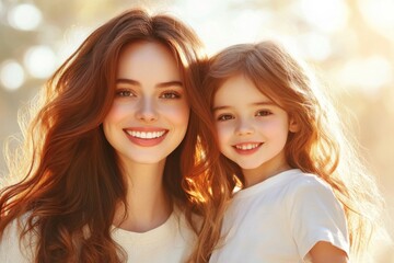 Fototapeta premium Loving family portrait with mom and child smiling, close-up with natural background