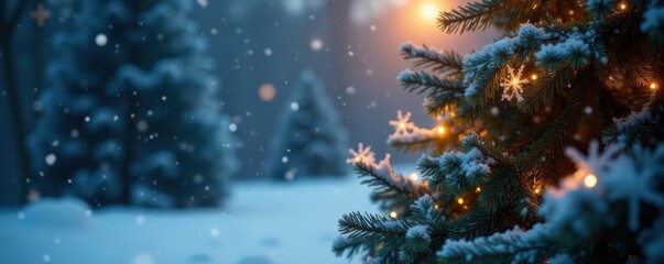 Winter snowflakes falling on a Christmas tree, festive lights, holly leaves, holiday decorations