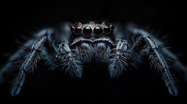 Extreme Macro Portrait Of Spider With Big Eyes On Black Background. Incredible Detail.