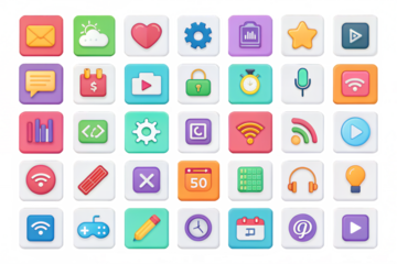 Array of thirty five square app icons with various symbols and colors in a grid pattern view png on transparent background