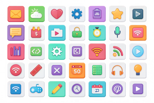 Array of thirty five square app icons with various symbols and colors in a grid pattern view png on transparent background