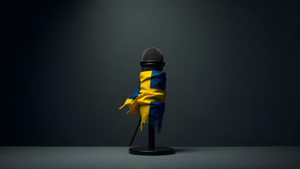 Sweden’s flag constricts a microphone, symbolizing hidden suppression. Dark, moody lighting highlights the tension. A sleek yet unsettling minimalist composition.
