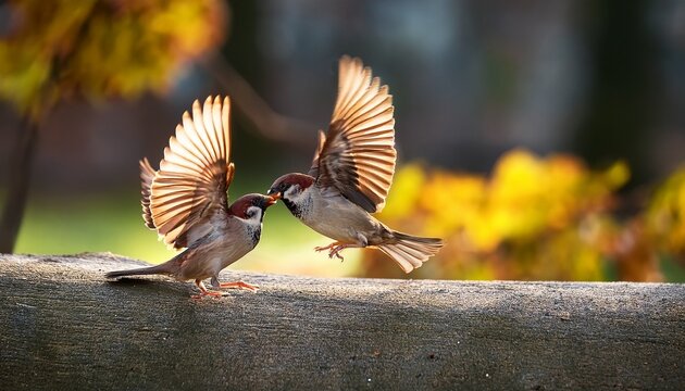fight of two birds sparrows flying in the park waving feathers and wings