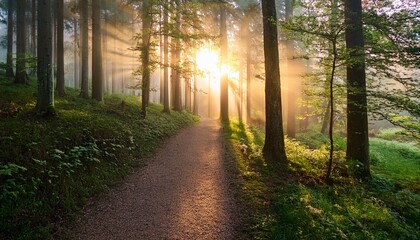 serene nature trail in a misty forest at sunrise with soft sunlight glowing through the trees