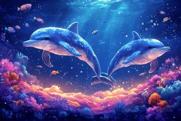 Fototapeta premium Dolphins leaping, coral reef, ocean, sunlight, underwater scene, nature, fantasy art