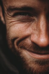 A close-up shot of a man's face, displaying a warm smile, and his expressive eyes.