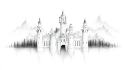 Fototapeta premium Enchanted Castle by the Lake: A Fairytale Pencil Sketch
