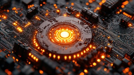 Glowing futuristic technology circuit board close-up