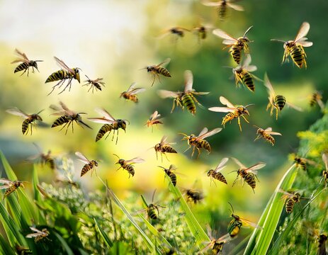 swarm of dangerous insects wasps flying in summer garden on green background