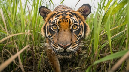 Fototapeta premium Intimate portrait of a majestic tiger among tall grass capturing the beauty and intensity of wildlife animal predator in its natural habitat