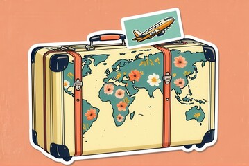 A vintage travel sticker: cartoon suitcase, faded postage stamp textures, 1960s pop art palette (mustard, coral). Vintage retro suitcase adorned with travel stickers, illustration, icon.