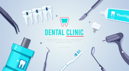 Vector illustration of dental clinic banner with various professional dental tools surrounding a clean layout. Ideal for healthcare flyers, dental promotions, and oral hygiene awareness designs