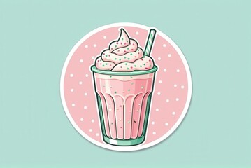 A 1950s cartoon milkshake sticker in a retro diner style, pastel pink and mint colors, kawaii aesthetic, smoothie with a straw, whipped cream, sticker design, icon, illustration.