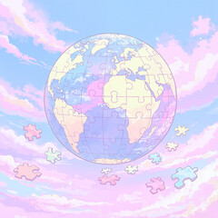Earth Puzzle Piece Illustration Against Colorful Clouds  