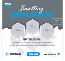 Fototapeta premium Modern Travel Agency Social Media Post Template with Global Theme and Hexagonal Photo Layout