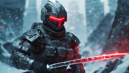 A futuristic soldier in black armor wields a glowing red energy sword in a snowy, hostile environment
