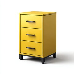 A yellow cabinet with three drawers and black handles on a white background