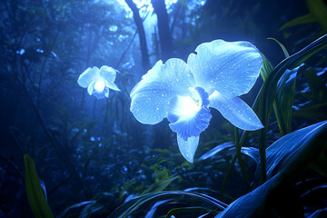 Two luminous orchids bathed in blue light in a shadowy forest.