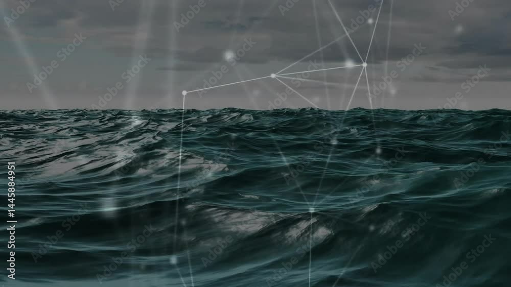 Poster ocean waves streaming through glowing network grid overlay in 3d render, showing connected nodes