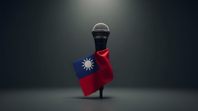 Taiwan’s flag grips a microphone, reflecting geopolitical silencing. Dark, moody lighting highlights the tension. A striking minimalist statement on freedom.
