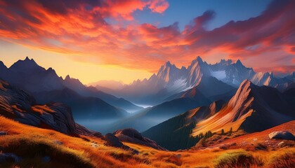 stunning mountain landscape at sunrise with vibrant colors and dramatic peaks ai generated