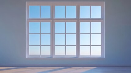 Serene Interior with Large Window Framing a Tranquil Blue Sky and Distant Horizon Casting Soft Sunlight