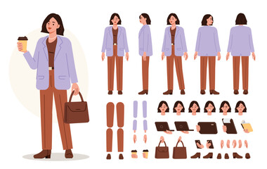 Casual business woman holding coffee cup and bag. Character constructor for animation. Front, side and back view set. Body parts, postures, poses collection. Vector illustration.