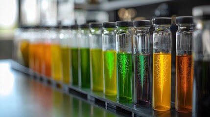 Futuristic biotechnology laboratory where genetically engineered plants glow various colors creating sustainable bio based energy sources